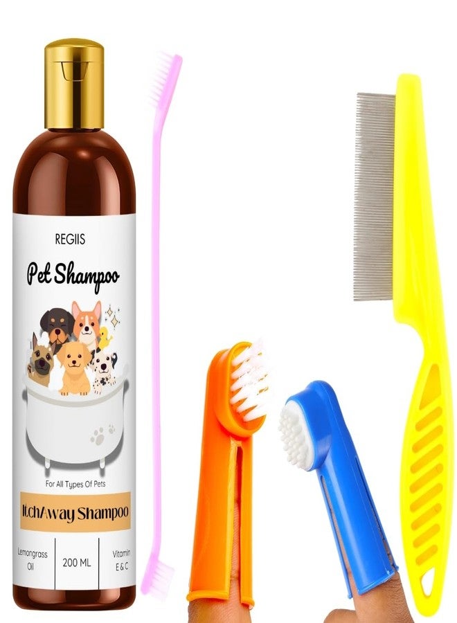 مجموعة شامبو ريجيس للحيوانات الأليفة مع فرش للعناية، تركيبة زيت الليمون، 200 مل شامبو مضاد للحكة لجميع أنواع الحيوانات الأليفة، تتضمن فرش متعددة الألوان للكلاب (عبوة من 3 قطع) - Image 1